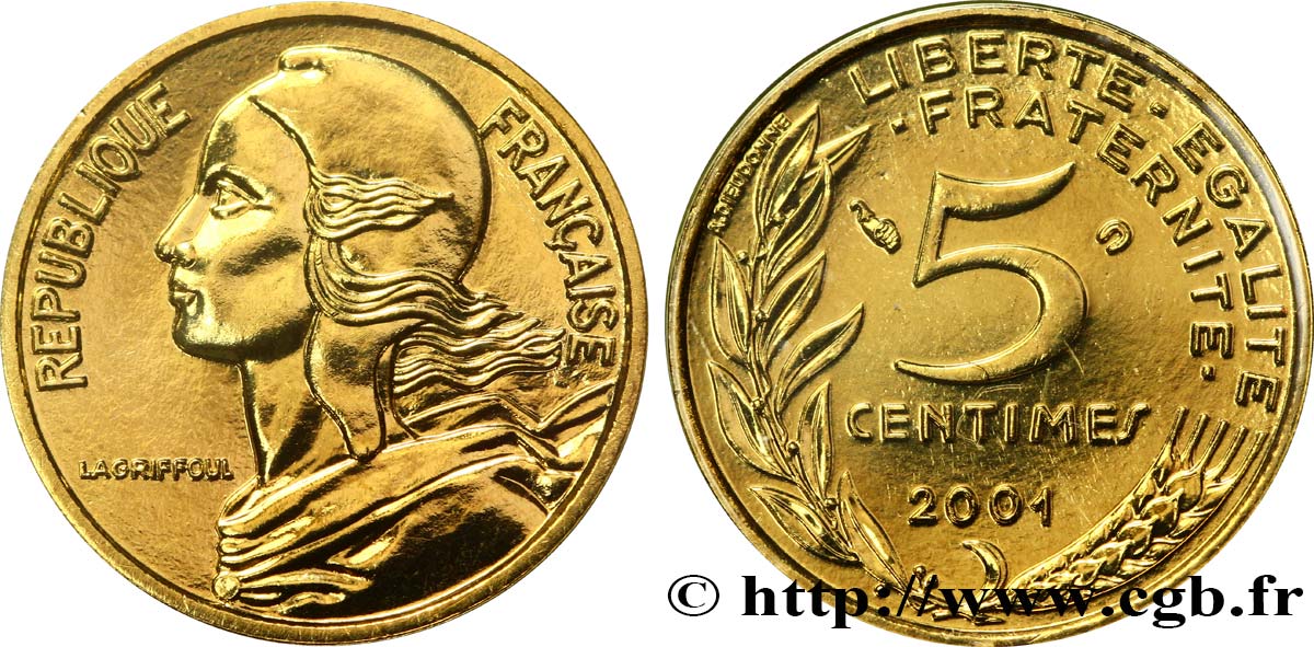 5 centimes Marianne, BU (Brillant Universel) 2001 Pessac F.125/45 MS70 
