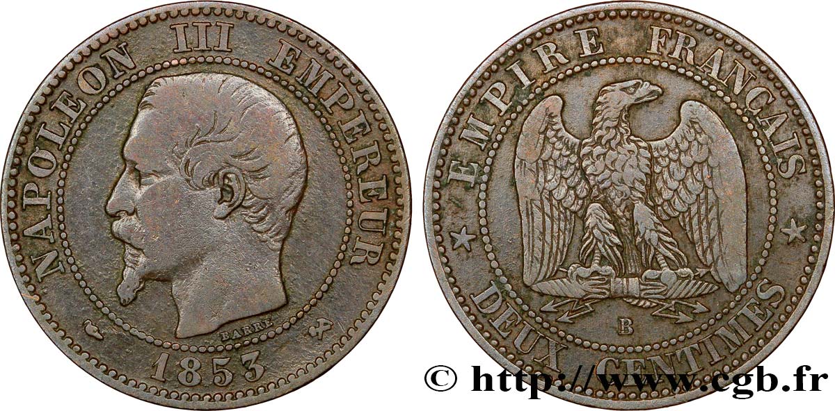 Deux centimes Napoléon III, tête nue 1853 Rouen F.107/2 S35 