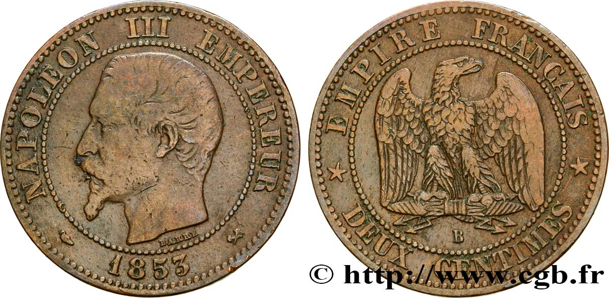 Deux centimes Napoléon III, tête nue 1853 Rouen F.107/2 MB35 
