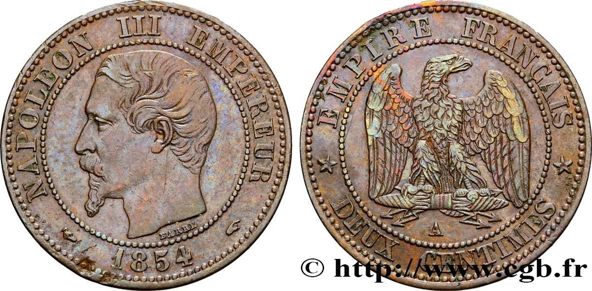 Deux centimes Napoléon III, tête nue 1854 Paris F.107/9 MBC48 
