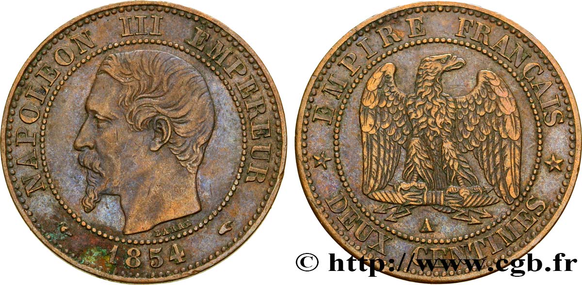 Deux centimes Napoléon III, tête nue 1854 Paris F.107/9 SS48 