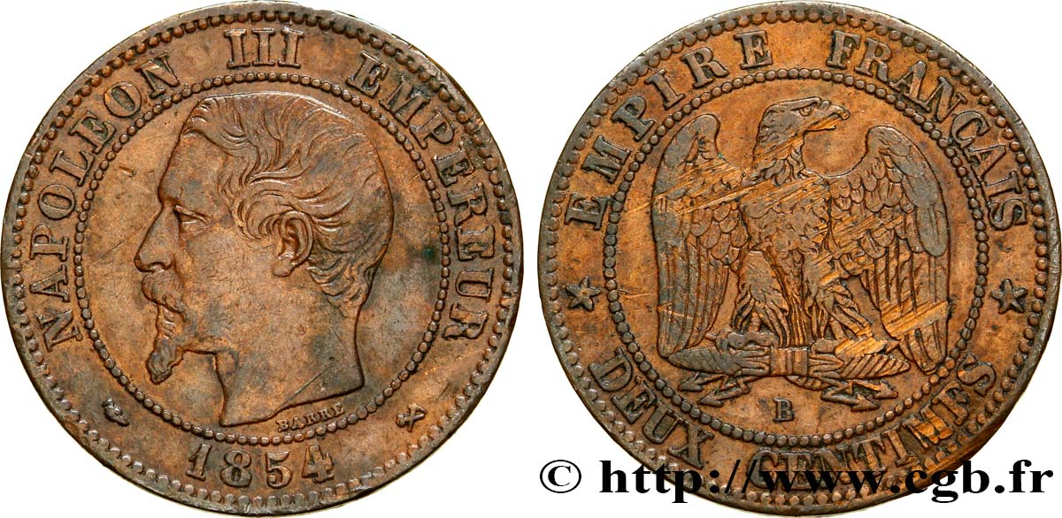 Deux centimes Napoléon III, tête nue 1854 Rouen F.107/10 TTB40 