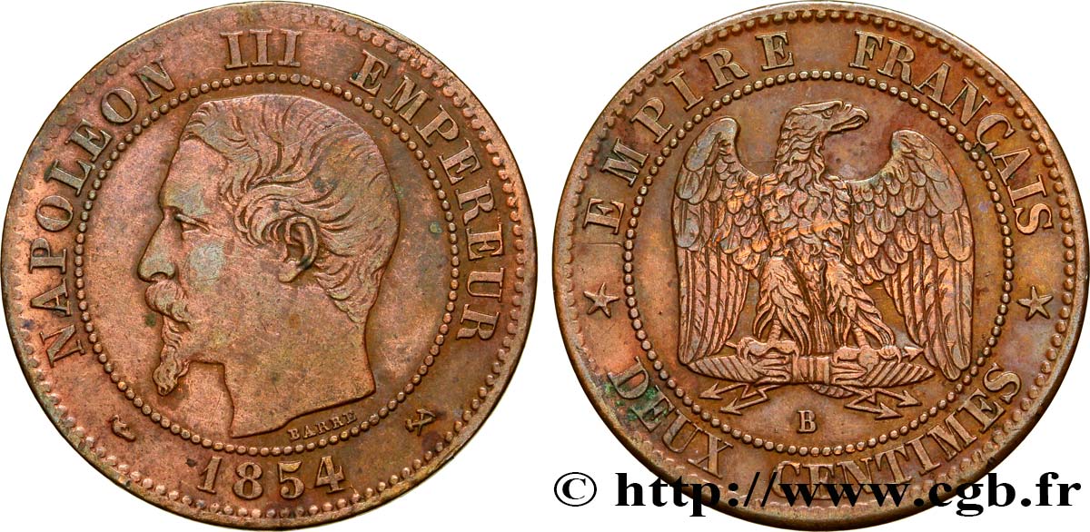 Deux centimes Napoléon III, tête nue 1854 Rouen F.107/10 MBC40 