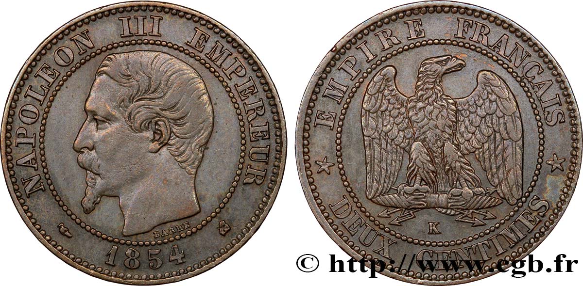 Deux centimes Napoléon III, tête nue 1854 Bordeaux F.107/16 MBC48 
