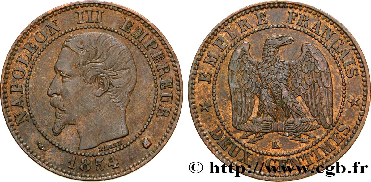 Deux centimes Napoléon III, tête nue 1854 Bordeaux F.107/16 BB48 