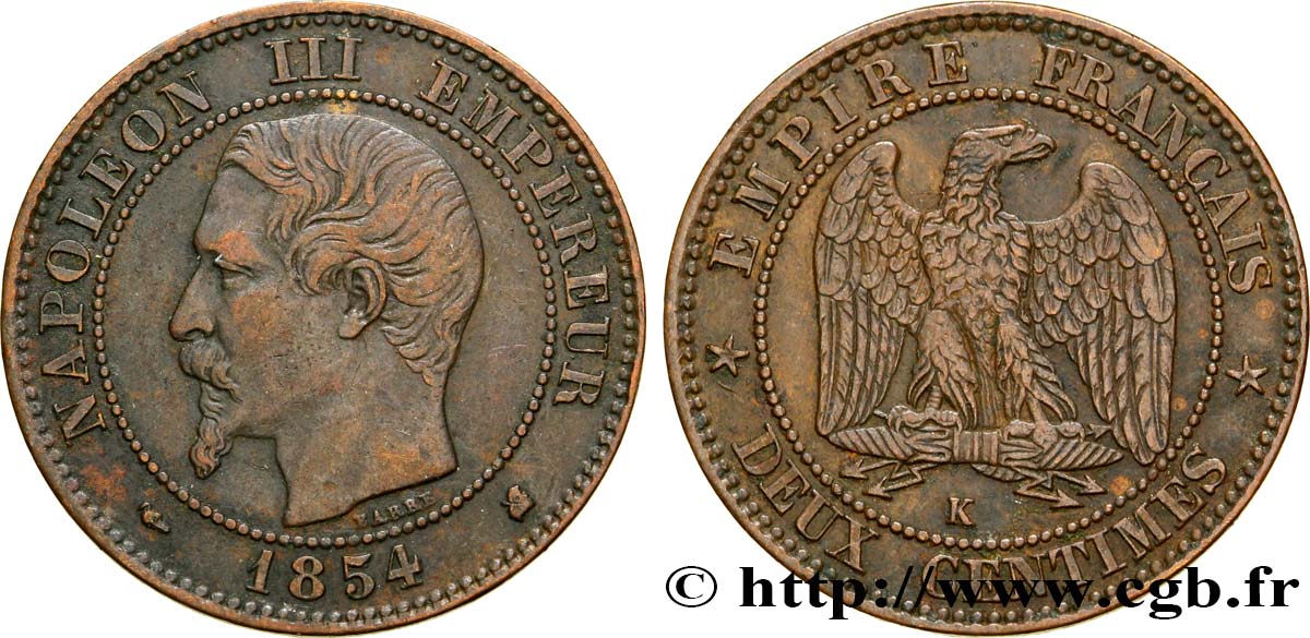Deux centimes Napoléon III, tête nue 1854 Bordeaux F.107/16 MBC40 