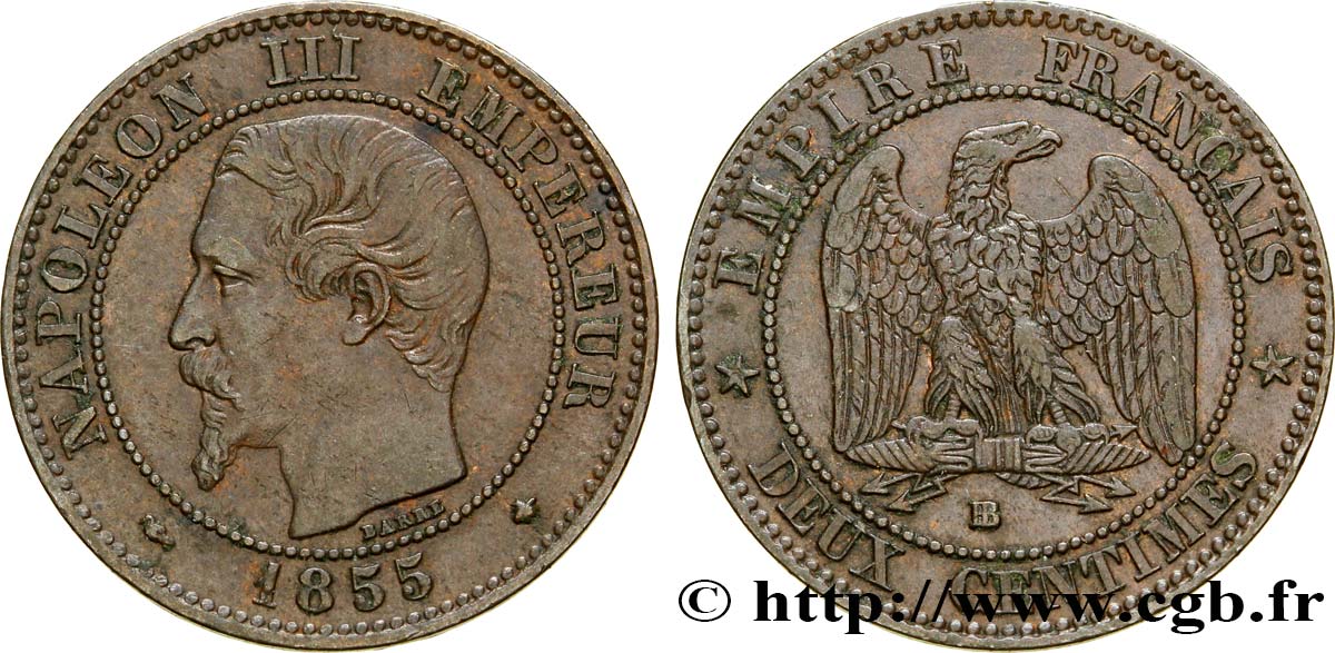 Deux centimes Napoléon III, tête nue 1855 Strasbourg F.107/23 TTB48 