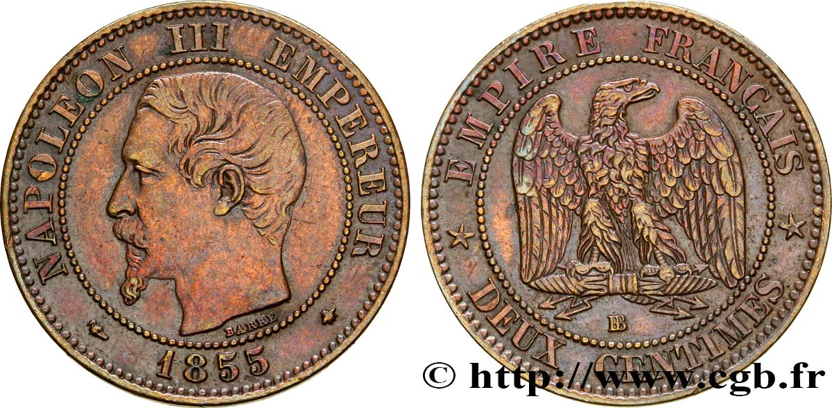 Deux centimes Napoléon III, tête nue 1855 Strasbourg F.107/23 BB48 