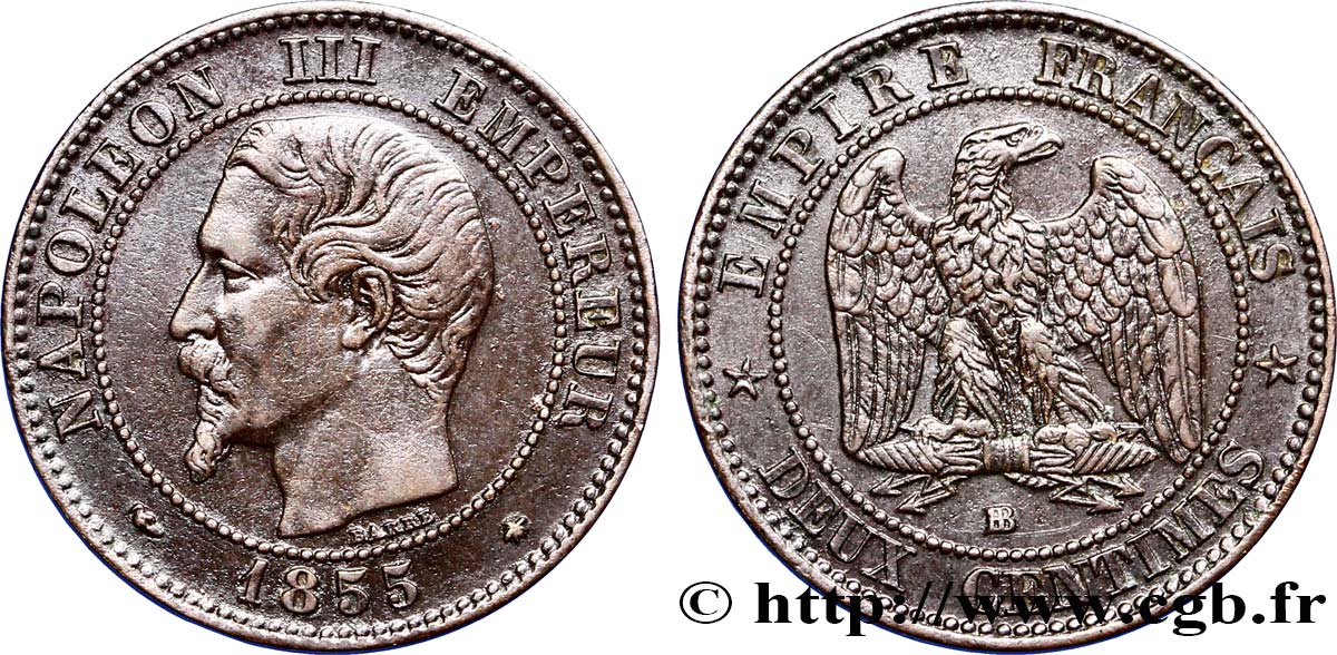 Deux centimes Napoléon III, tête nue 1855 Strasbourg F.107/23 TTB48 