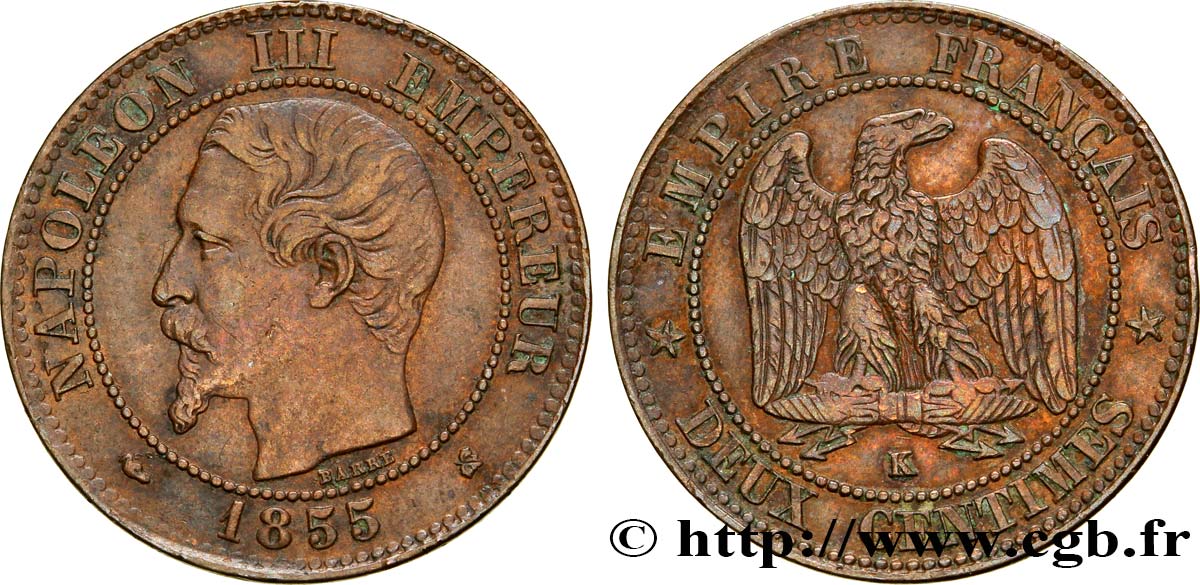 Deux centimes Napoléon III, tête nue 1855 Bordeaux F.107/33 MBC40 