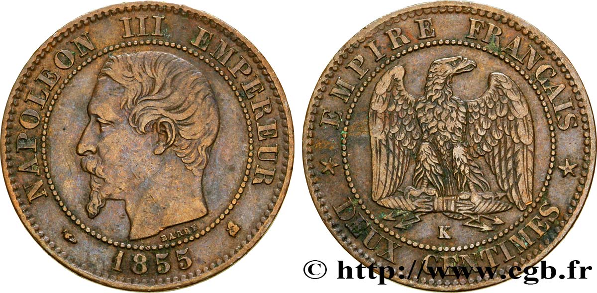Deux centimes Napoléon III, tête nue 1855 Bordeaux F.107/33 TTB40 