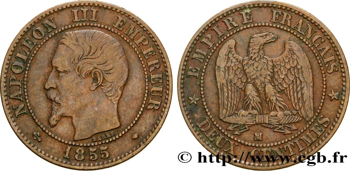 Deux centimes Napoléon III, tête nue 1855 Marseille F.107/36 TB35 