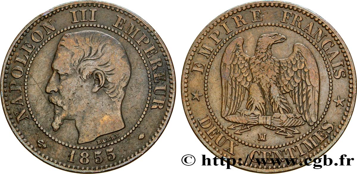 Deux centimes Napoléon III, tête nue 1855 Marseille F.107/36 TB35 