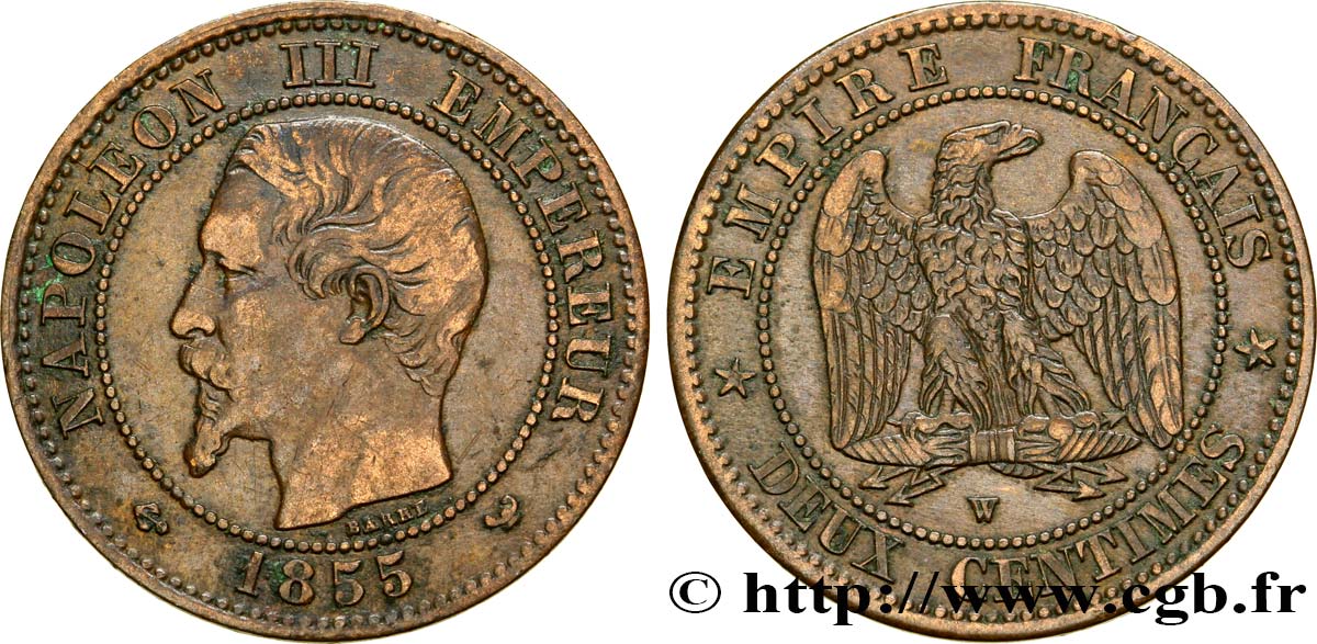 Deux centimes Napoléon III, tête nue 1855 Lille F.107/37 MBC40 