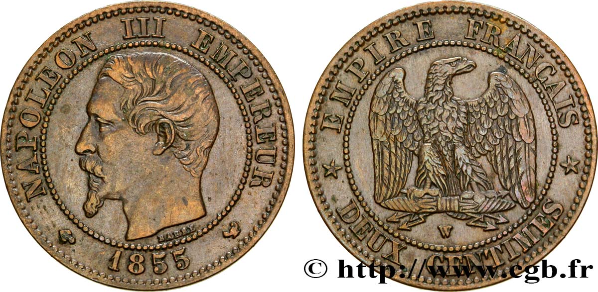 Deux centimes Napoléon III, tête nue 1855 Lille F.107/37 TTB40 