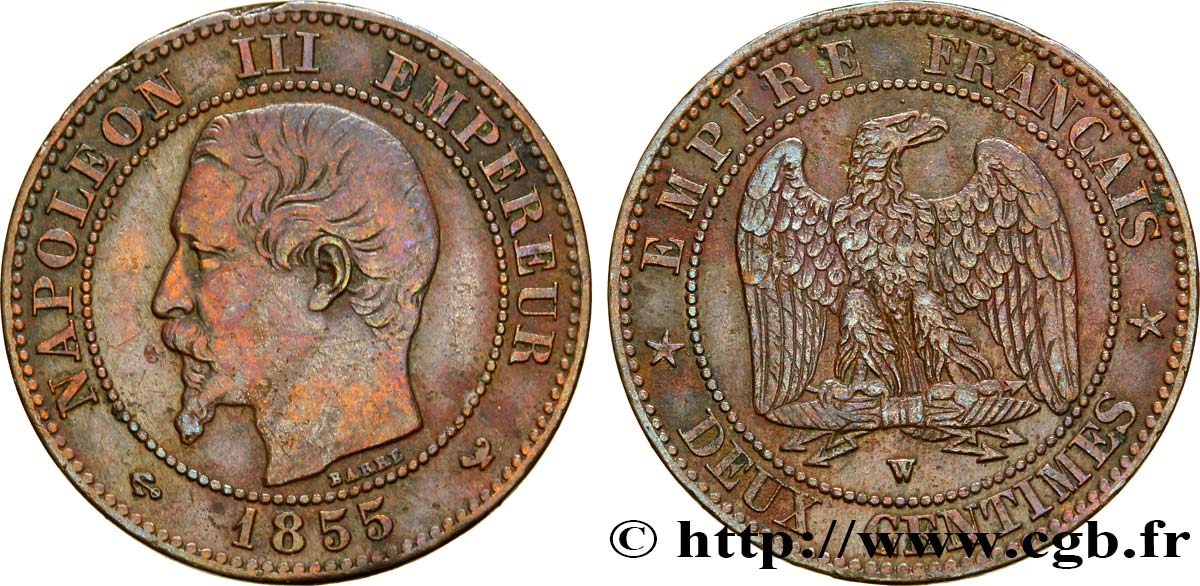 Deux centimes Napoléon III, tête nue 1855 Lille F.107/37 TTB40 
