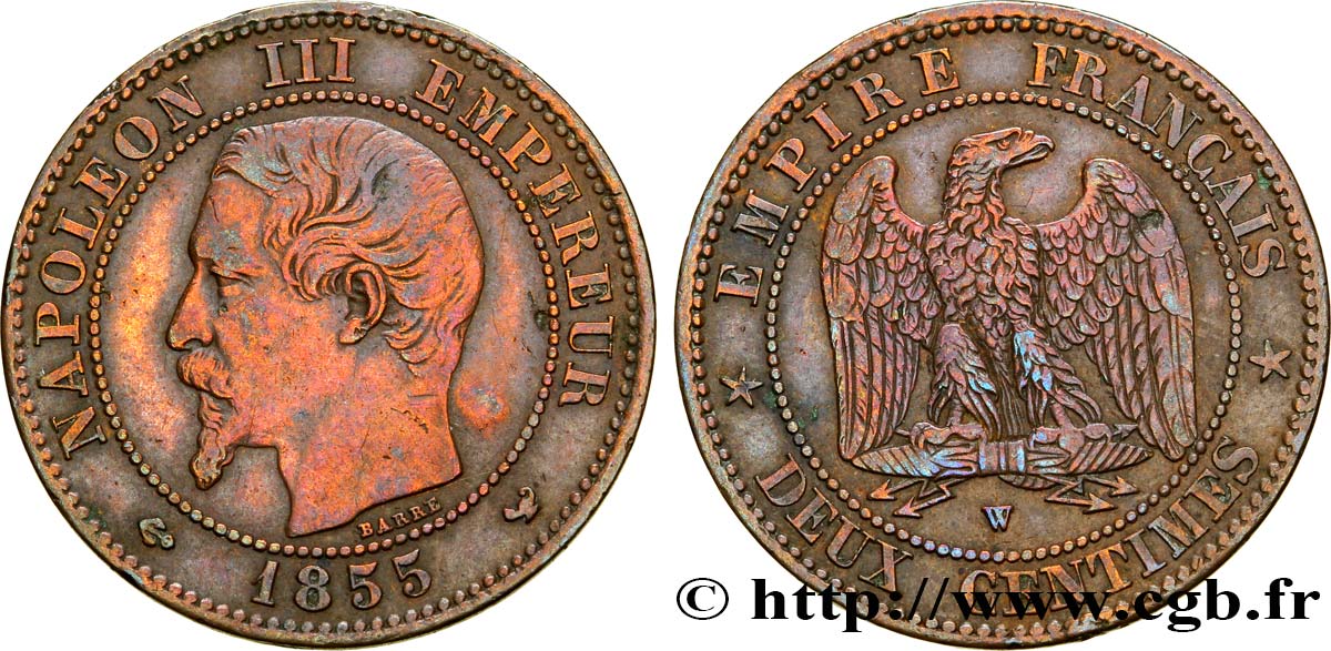 Deux centimes Napoléon III, tête nue 1855 Lille F.107/37 BB40 