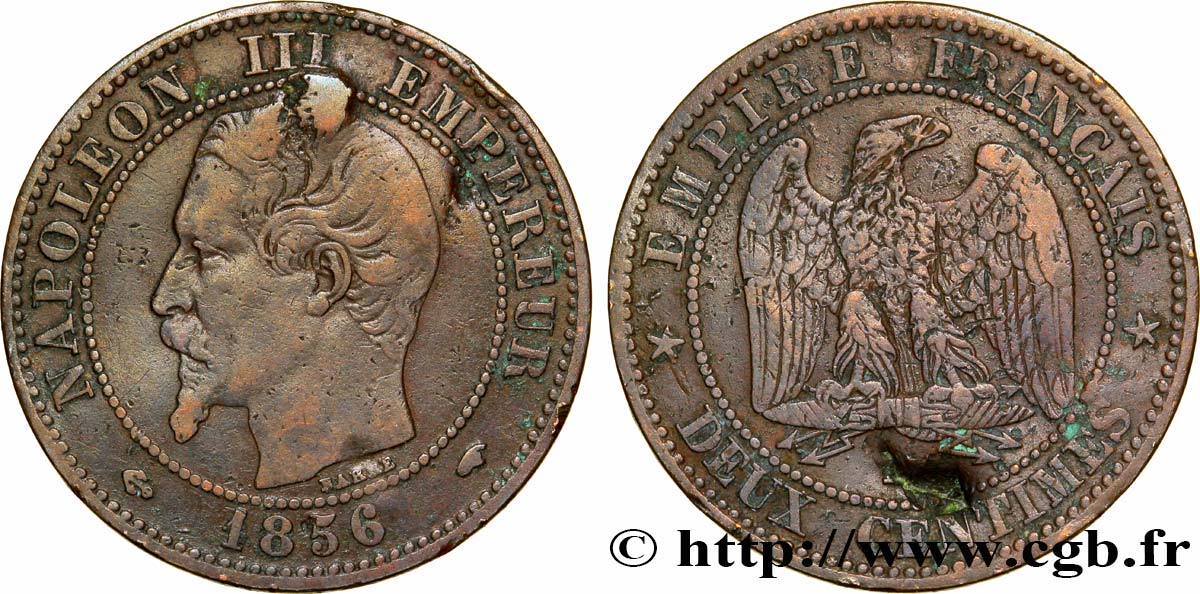 Deux centimes Napoléon III, tête nue 1856 Paris F.107/38 MBC40 