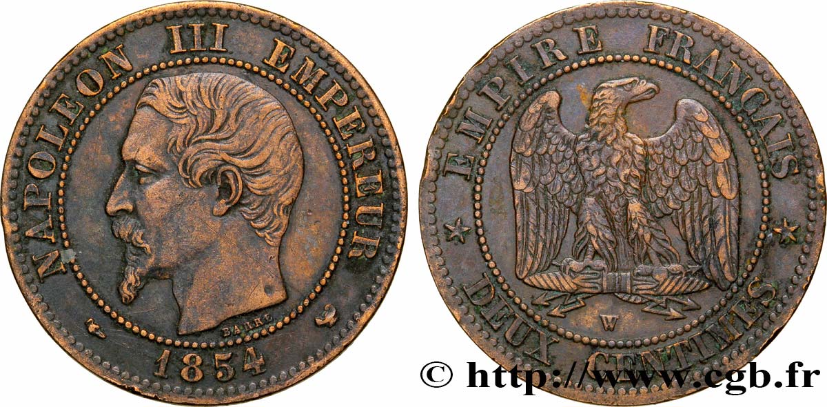 Deux centimes Napoléon III, tête nue 1854 Lille F.107/18 MBC48 