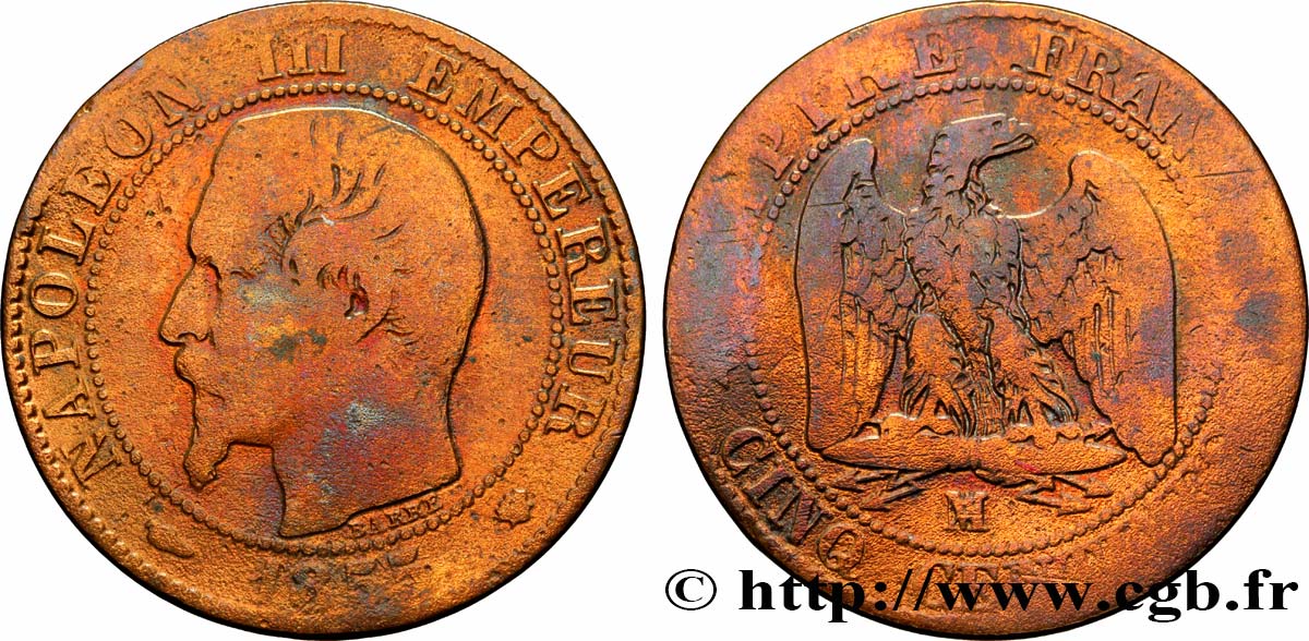 Cinq centimes Napoléon III, tête nue 1855 Marseille F.116/26 RC8 