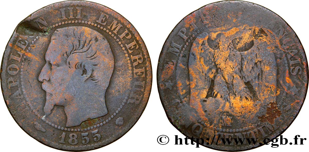 Cinq centimes Napoléon III, tête nue 1855 Marseille F.116/26 VG8 