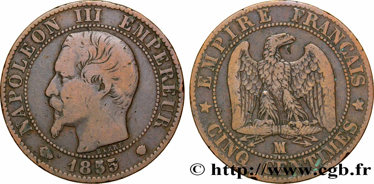 Cinq centimes Napoléon III, tête nue 1855 Marseille F.116/27 TB25 