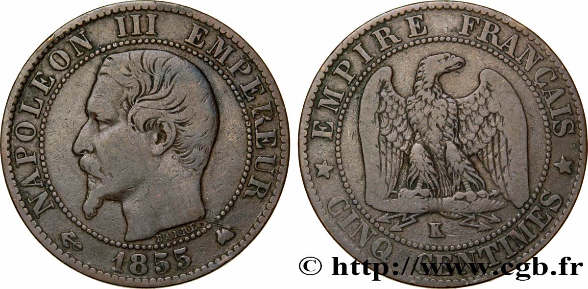 Cinq centimes Napoléon III, tête nue 1855 Bordeaux F.116/25 VF20 