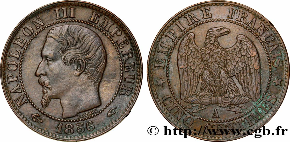 Cinq centimes Napoléon III, tête nue 1856 Paris F.116/30 TTB45 