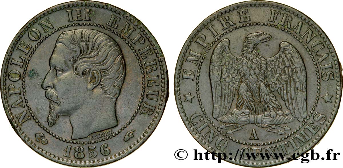 Cinq centimes Napoléon III, tête nue 1856 Paris F.116/30 XF45 