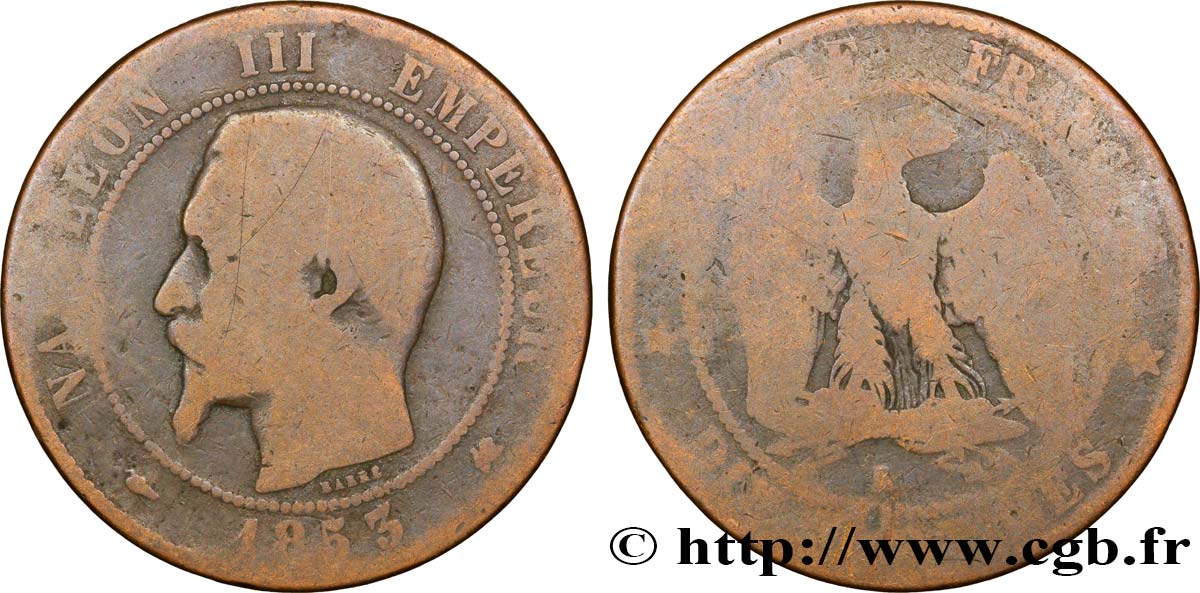 Dix centimes Napoléon III, tête nue 1853 Bordeaux F.133/7 VG8 