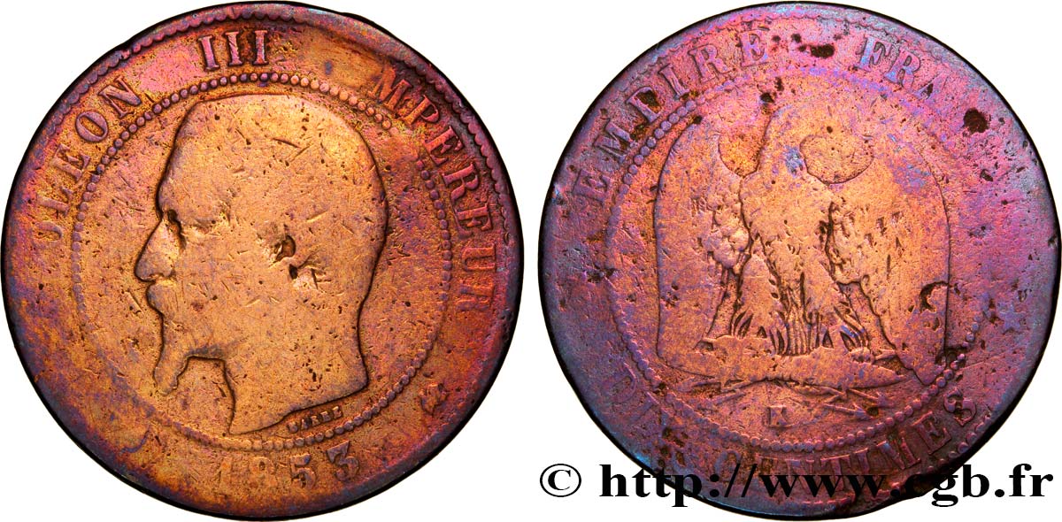 Dix centimes Napoléon III, tête nue 1853 Bordeaux F.133/7 RC8 