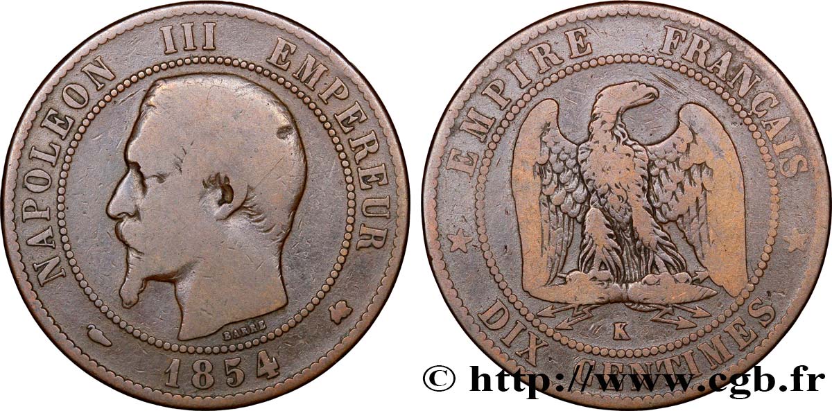 Dix centimes Napoléon III, tête nue 1854 Bordeaux F.133/16 BC20 