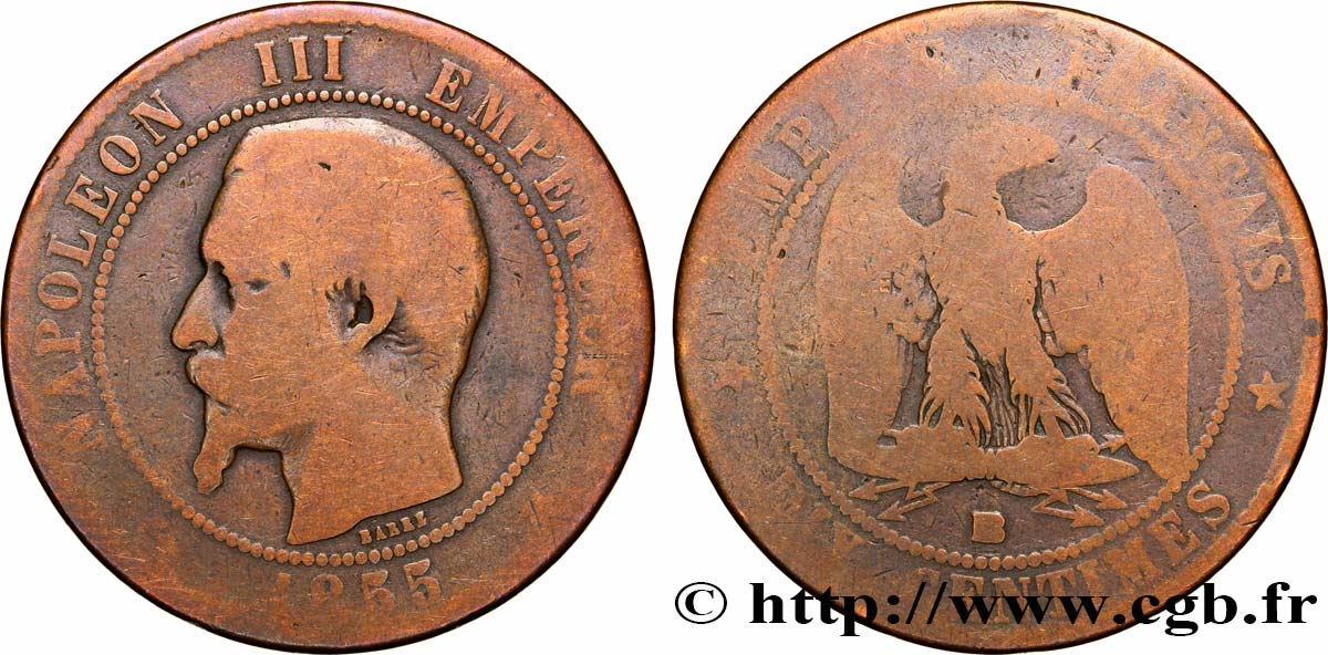 Dix centimes Napoléon III, tête nue 1855 Strasbourg F.133/23 RC8 