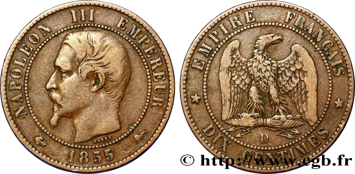 Dix centimes Napoléon III, tête nue 1855 Lyon F.133/26 BC35 