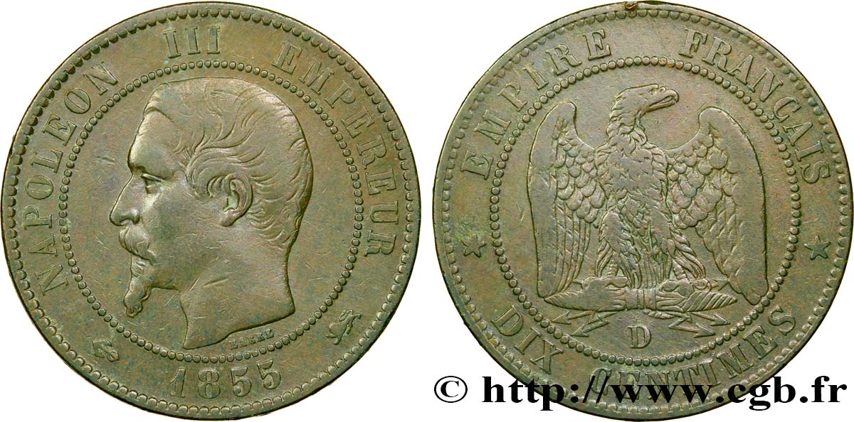 Dix centimes Napoléon III, tête nue 1855 Lyon F.133/26 VF35 