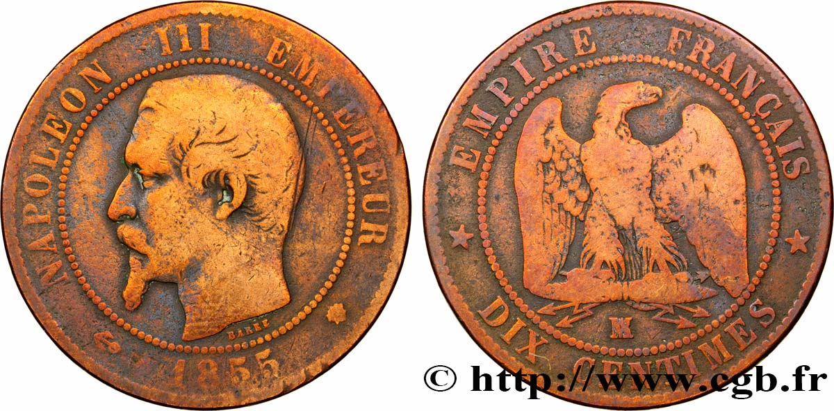 Dix centimes Napoléon III, tête nue 1855 Marseille F.133/31 B12 