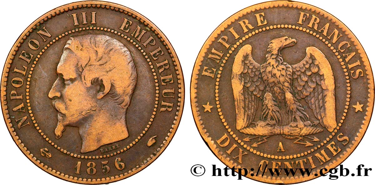 Dix centimes Napoléon III, tête nue 1856 Paris F.133/34 BC35 
