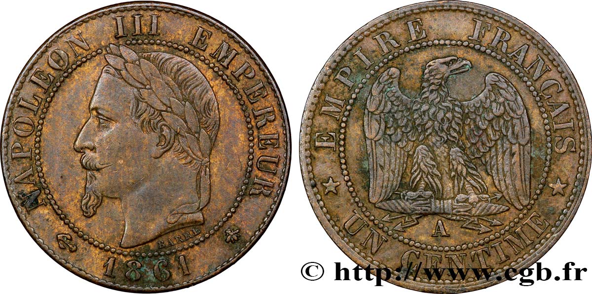 Un centime Napoléon III, tête laurée 1861 Paris F.103/1 MBC54 
