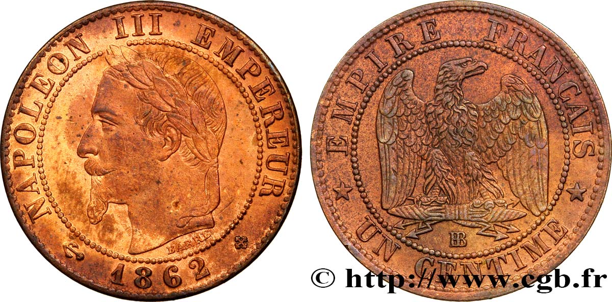 Un centime Napoléon III, tête laurée 1862 Strasbourg F.103/5 MBC54 