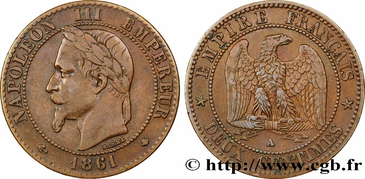 Deux centimes Napoléon III, tête laurée 1861 Paris F.108/1 TTB40 