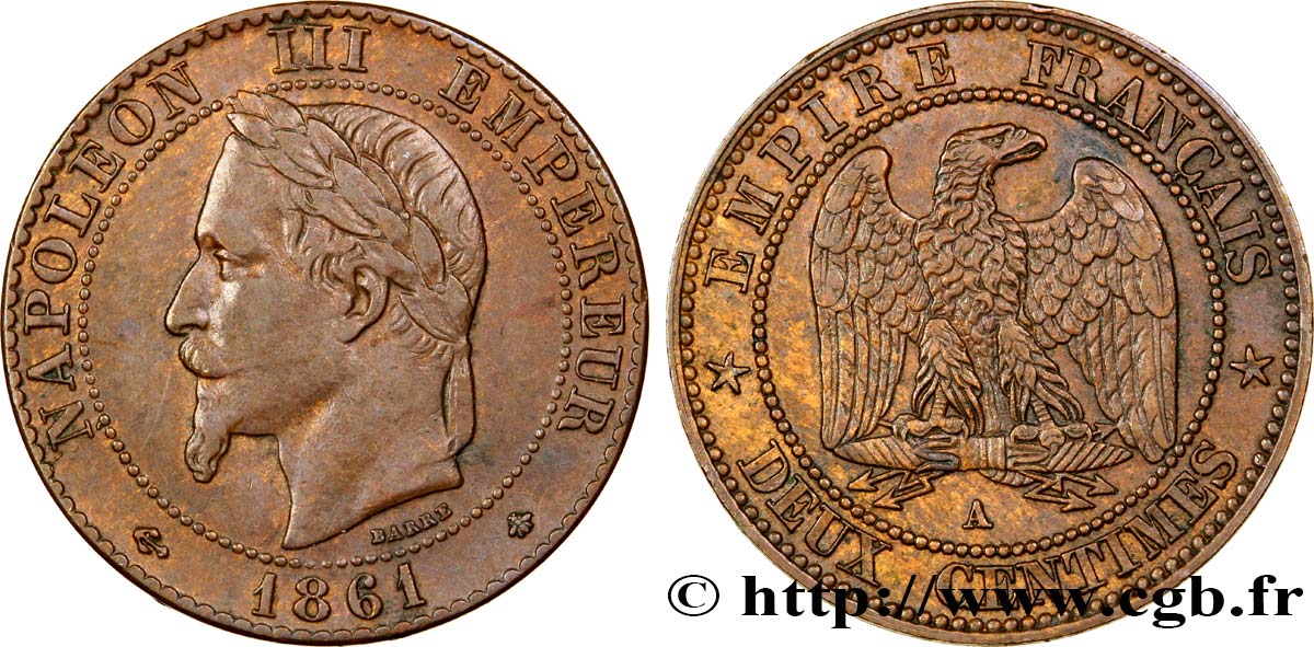 Deux centimes Napoléon III, tête laurée 1861 Paris F.108/1 BB40 