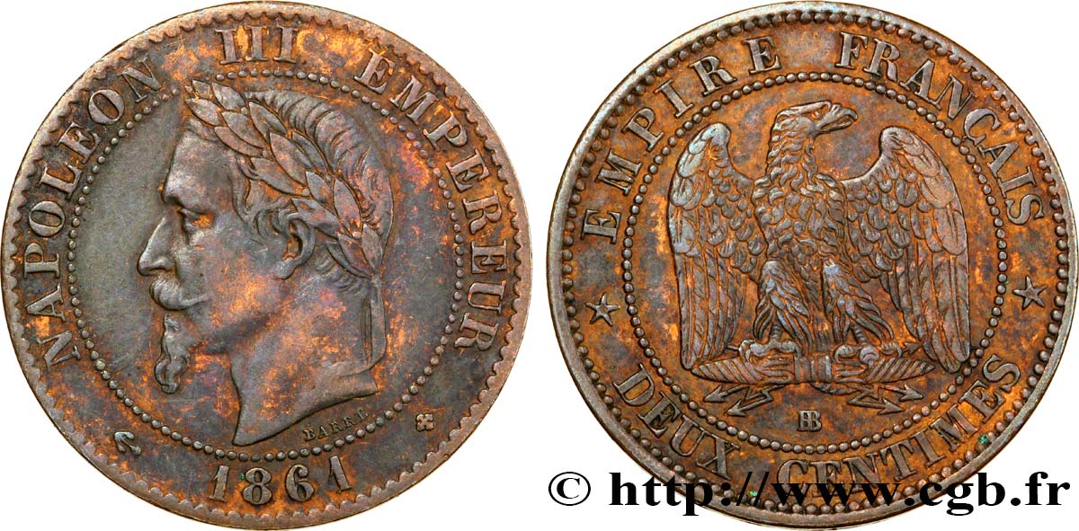 Deux centimes Napoléon III, tête laurée 1861 Strasbourg F.108/2 XF40 
