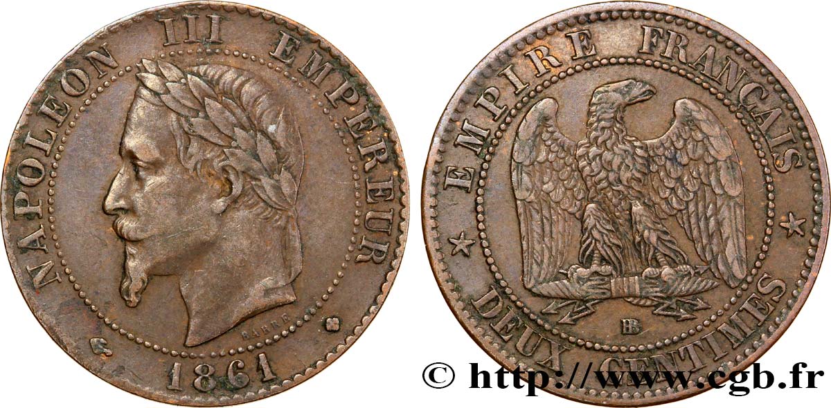 Deux centimes Napoléon III, tête laurée 1861 Strasbourg F.108/2 MBC40 