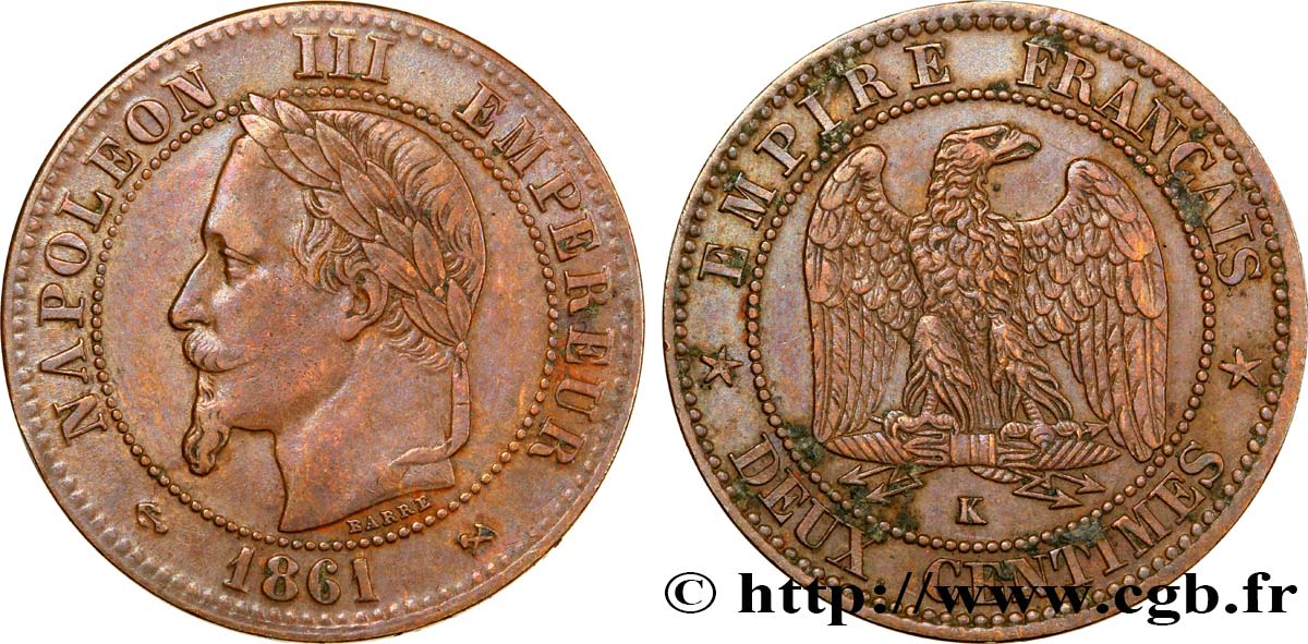 Deux centimes Napoléon III, tête laurée 1861 Bordeaux F.108A/3 MBC48 