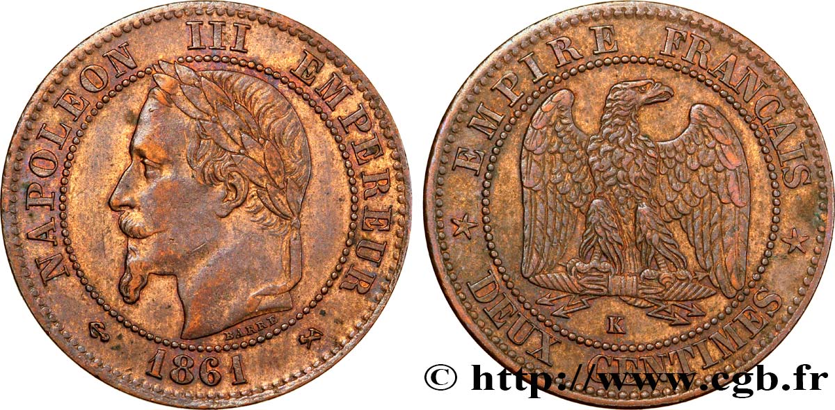 Deux centimes Napoléon III, tête laurée 1861 Bordeaux F.108A/3 BB48 
