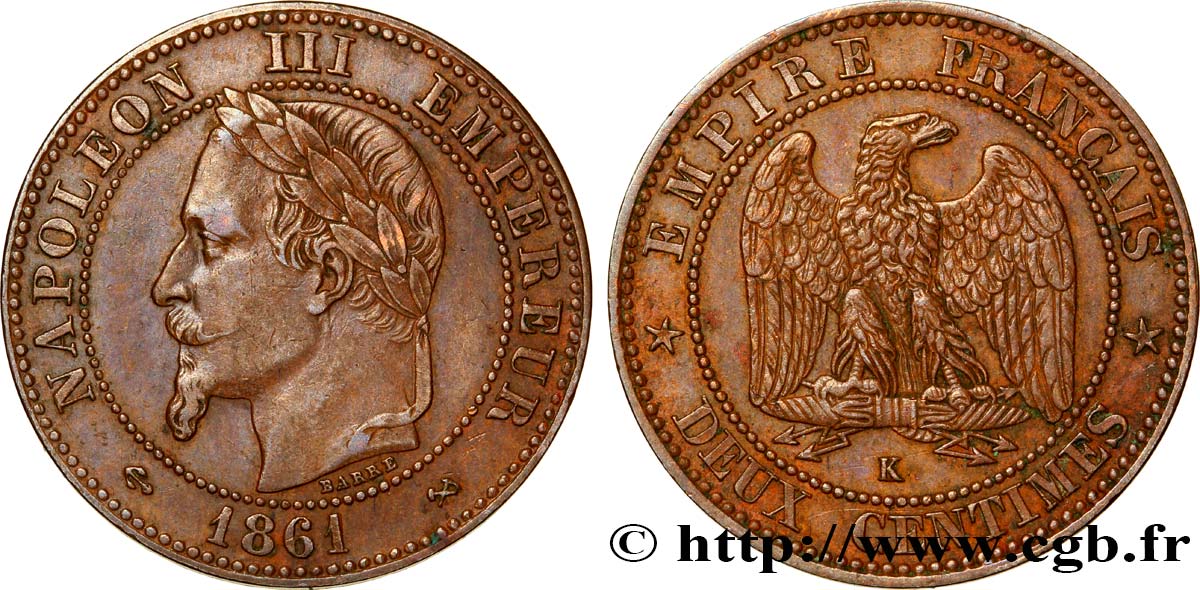 Deux centimes Napoléon III, tête laurée 1861 Bordeaux F.108A/3 BB40 