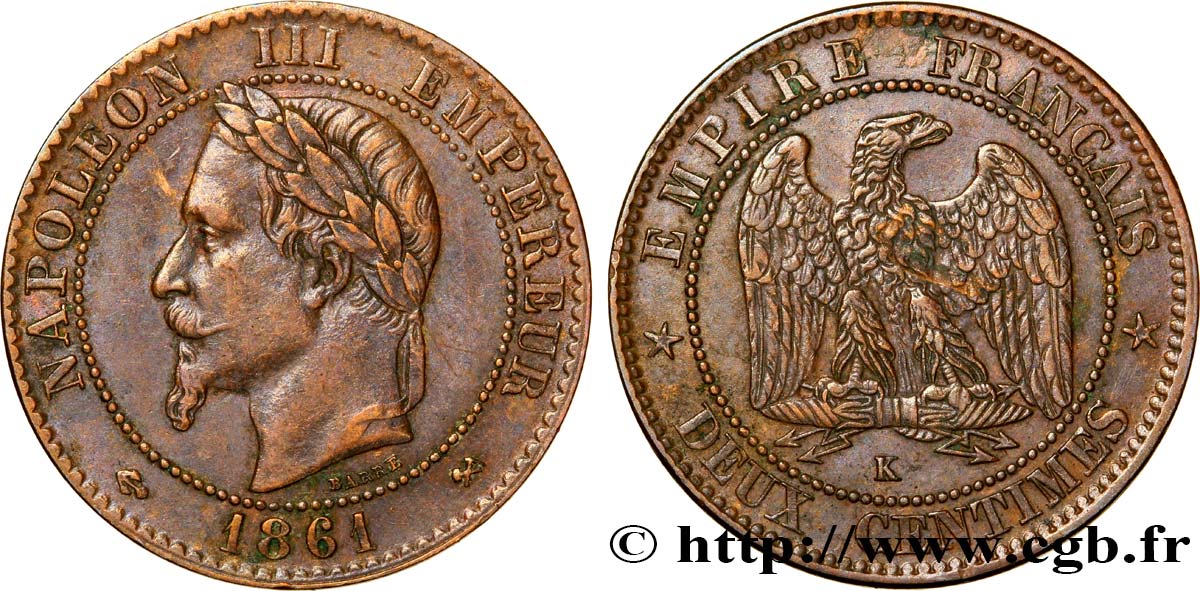 Deux centimes Napoléon III, tête laurée 1861 Bordeaux F.108/3 XF40 