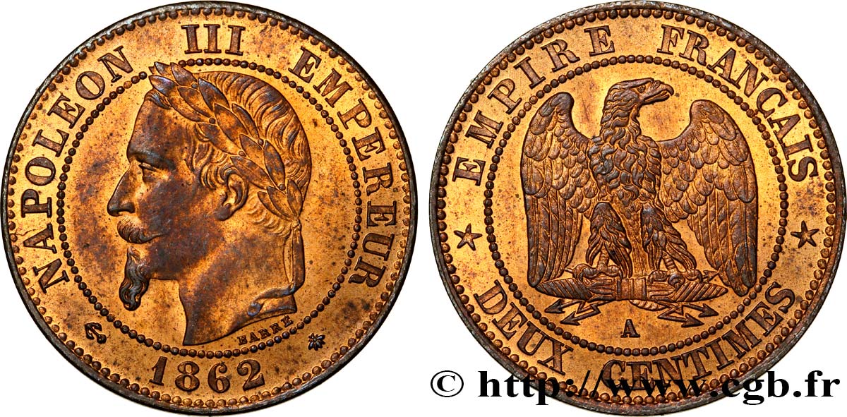 Deux centimes Napoléon III, tête laurée 1862 Paris F.108A/4 SUP55 