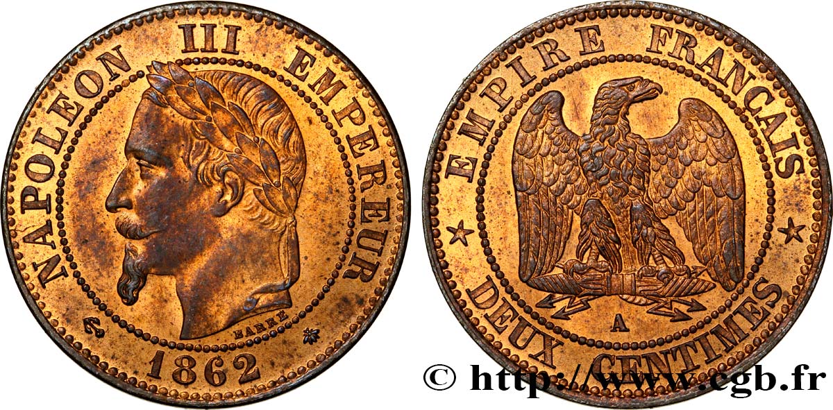 Deux centimes Napoléon III, tête laurée 1862 Paris F.108A/4 EBC55 