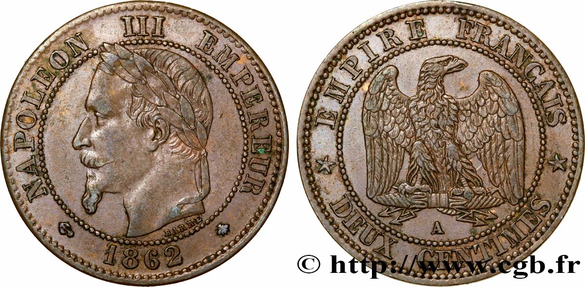 Deux centimes Napoléon III, tête laurée 1862 Paris F.108A/4 TTB54 